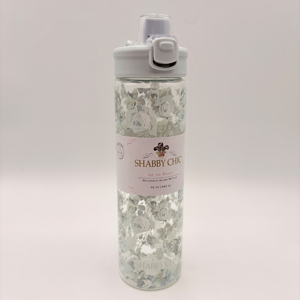 Shabby Chic 32 oz Floral Glass Water Bottle Push Button Lid Straw Blue Green